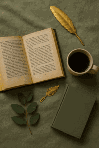 Flaches Stillleben mit offenem Buch, goldener Schreibfeder, grünem Hardcover-Buch, Keramiktasse und Eukalyptuszweig – harmonisches Arrangement zur Darstellung von So findest du deinen Stil als Buchblogger