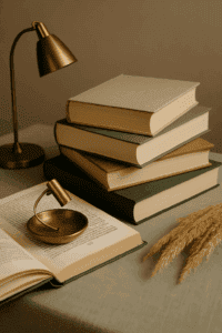 Ein ästhetisches Stillleben mit fünf aufeinander gestapelten Hardcover-Büchern in Naturtönen auf einem salbeigrünen Tuch. Daneben liegen getrocknete Gräser, eine geöffnete Buchseite und zwei elegante Leselampen aus Messing. Die Szene strahlt Ruhe, Wärme und literarische Eleganz aus.