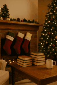 Weihnachtlich dekoriertes Wohnzimmer mit Kamin, an dem rote Strümpfe mit Büchern hängen, im Vordergrund ein Couchtisch mit Buchstapeln und Kaffeetasse – ideale Geschenkideen für Buchliebhaberinnen zu Weihnachten.