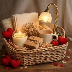 Edler Geschenkkorb zum Valentinstag mit Buch, warmer Leselampe, Duftkerze und dezenten Herzen – ruhiger Selbstliebe-Lesemoment ohne Menschen im Bild.