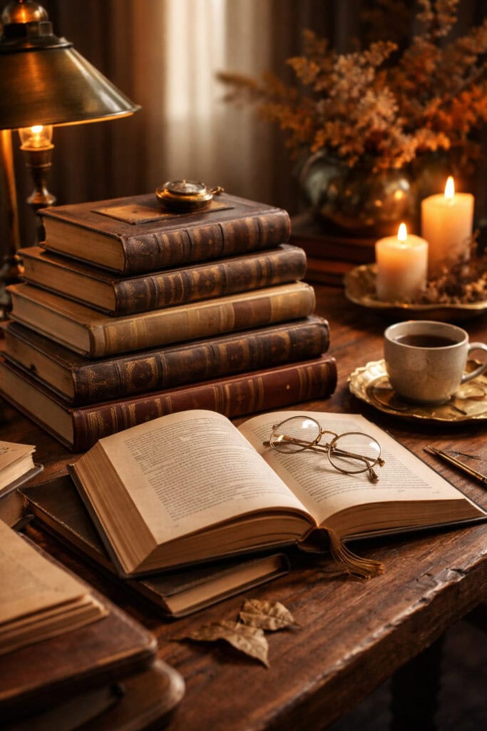 Stimmungsvolles Stillleben mit aufgeschlagenem Buch, Bücherstapel, Lesebrille, Kerzen und Teetasse auf Holztisch im warmen Kapitelgold-Stil – Symbol für Lesen als Wettbewerbsvorteil und Denkfähigkeit am Welttag des Buches.