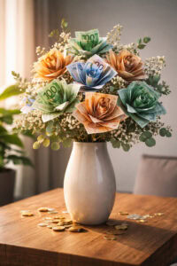 Moderne Vase mit Blumen aus gefalteten Geldscheinen auf Holztisch, symbolisches Bild für finanzielle Bildung, Vermögensaufbau und Geld als Ausdruck von Freiheit und Wachstum.