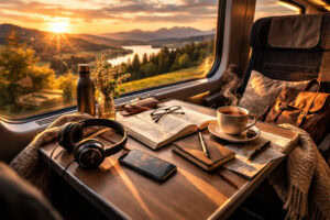 Entspannte Atmosphäre im Zug bei Sonnenuntergang mit Buch, Notizbuch, Kopfhörern und Tee am Tisch – gemütliche Reisezeit im Zug mit Blick auf Landschaft, ideal für lange Urlaubsfahrten.