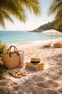 Sommerlicher Strand mit türkisblauem Meer, feinem Sand und Palmen im Hintergrund. Auf einer Decke liegen mehrere Bücher, ein Strohhut, eine Strandtasche und Sonnencreme – perfekte Szene für Lesen im Sommerurlaub am Meer.